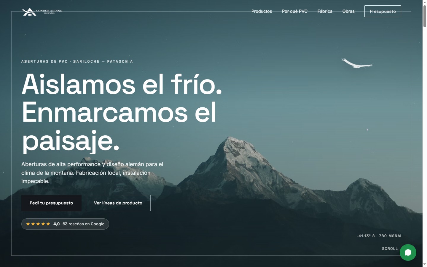 Sitio web de Cóndor Andino, fábrica de aberturas de PVC en Bariloche, desarrollado por Zenit