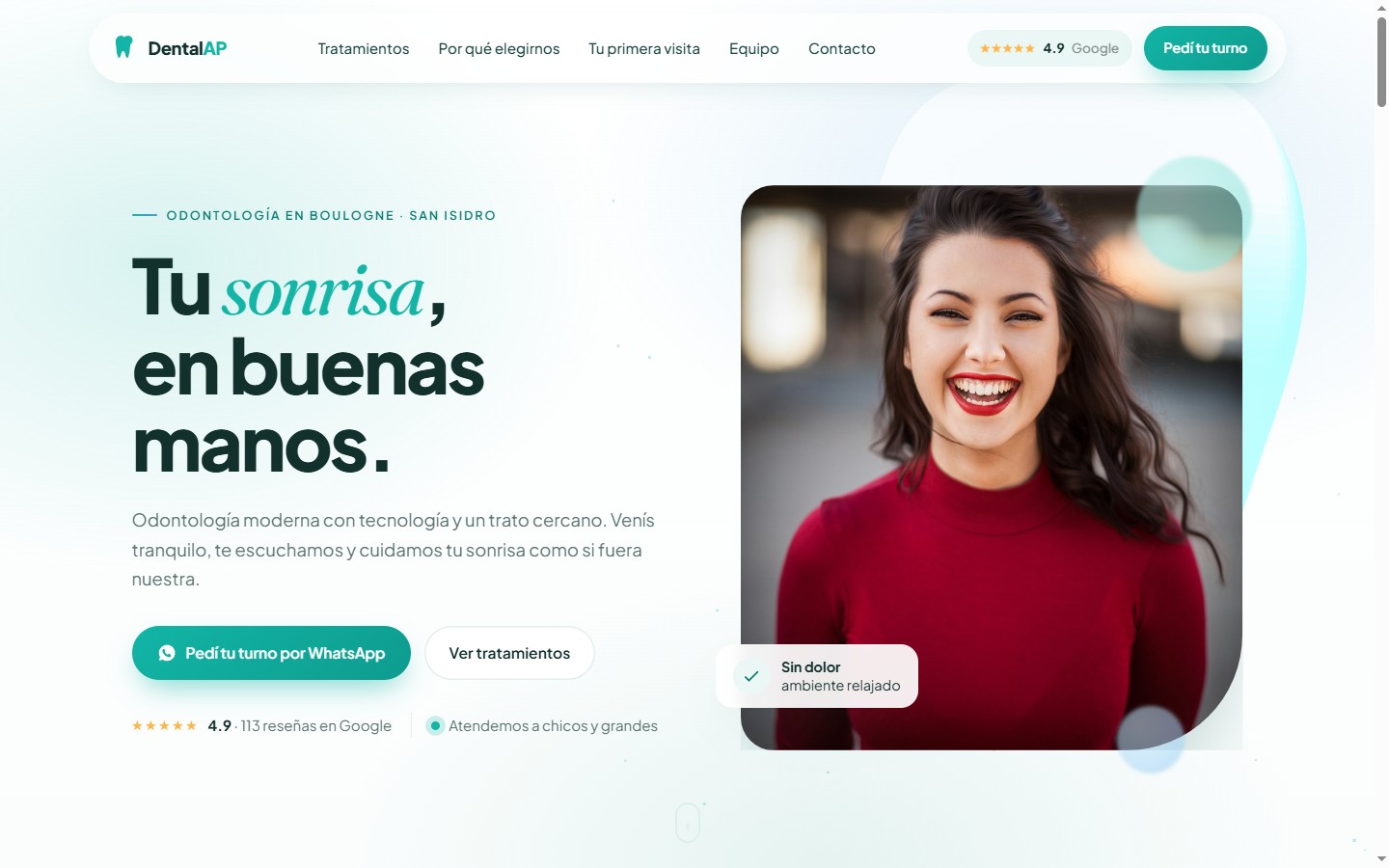 Sitio web de la clínica Dental AP en San Isidro con turnos por WhatsApp, desarrollado por Zenit